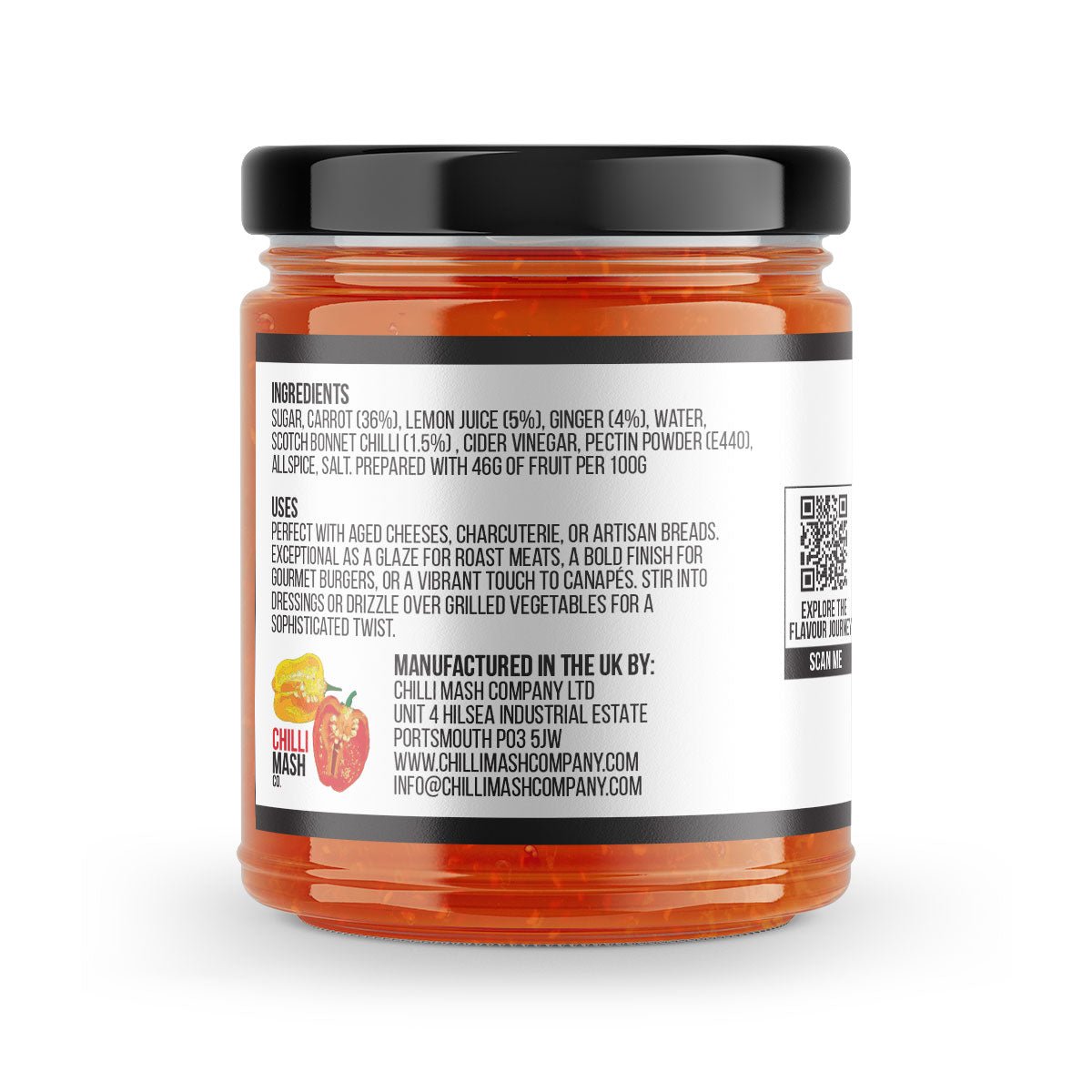 Carrot and ginger chilli jam by Chilli Mash Co., Persian-inspired, 190g jar with vibrant orange and red hues, spicy and flavorful.