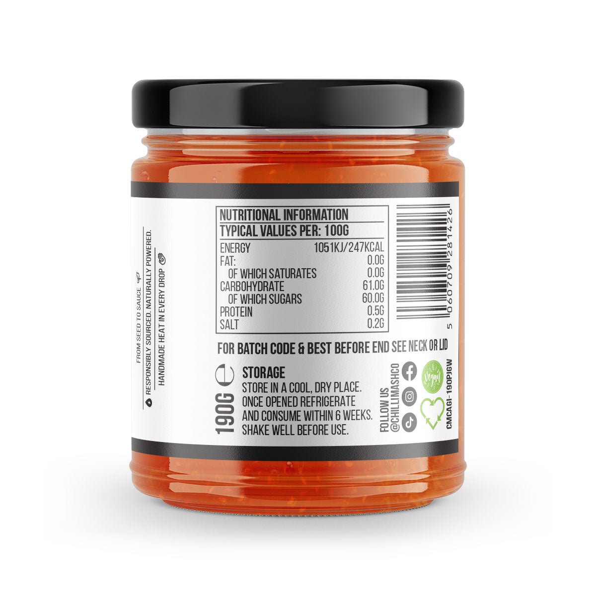 Jar of Carrot & Ginger Chilli Jam by Chilli Mash Co., Persian-inspired spicy chili jam in a 190g glass jar.