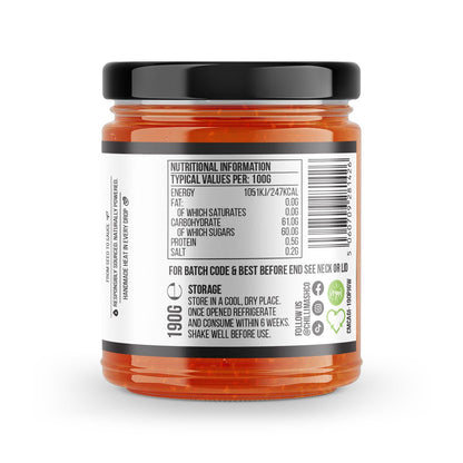 Jar of Carrot & Ginger Chilli Jam by Chilli Mash Co., Persian-inspired spicy chili jam in a 190g glass jar.