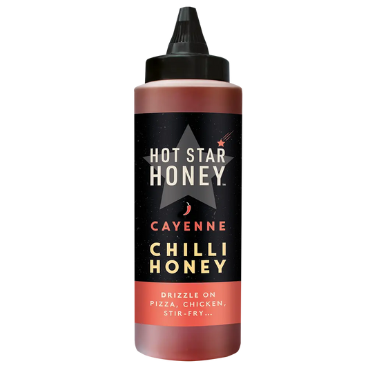 Hot Star Honey Original Cayenne Chilli Honey in a clear bottle with a red and yellow label, showcasing spicy chili honey product.