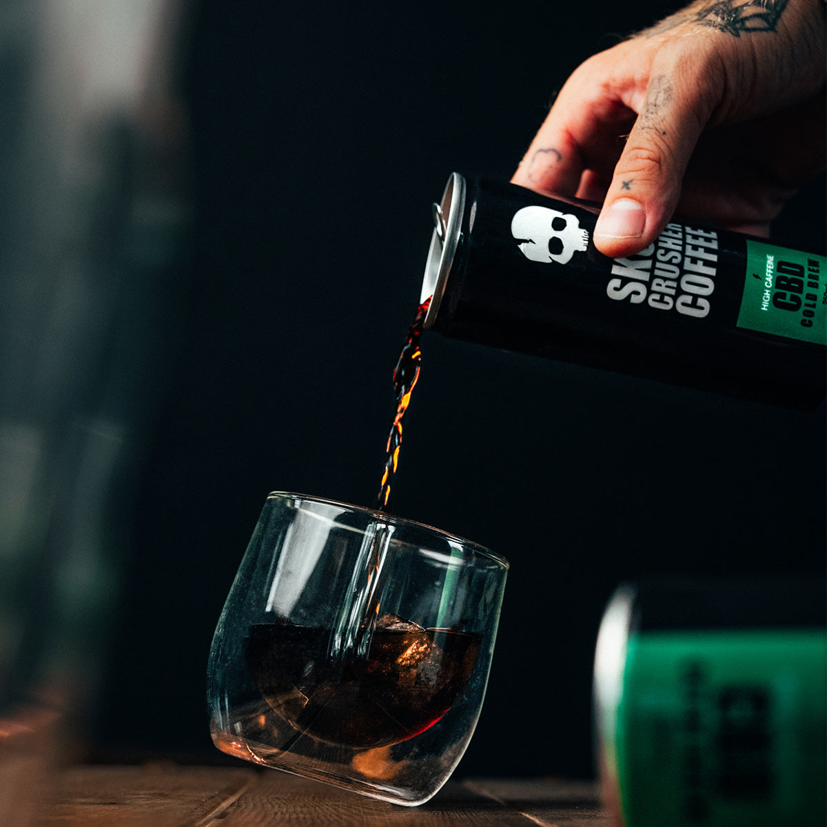 Skull Crusher Coffee CBD-infused cold brew coffee cans, 6-pack, 250ml each, featuring dark coffee with hemp extract labels.