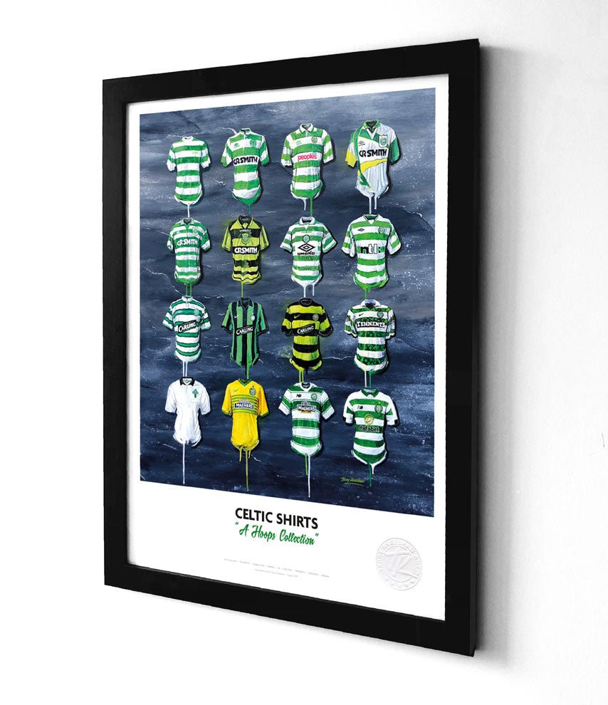 Limited edition Celtic FC framed print featuring iconic hoops shirt wall art by Terry Kneeshaw Art, showcasing vibrant team colors.