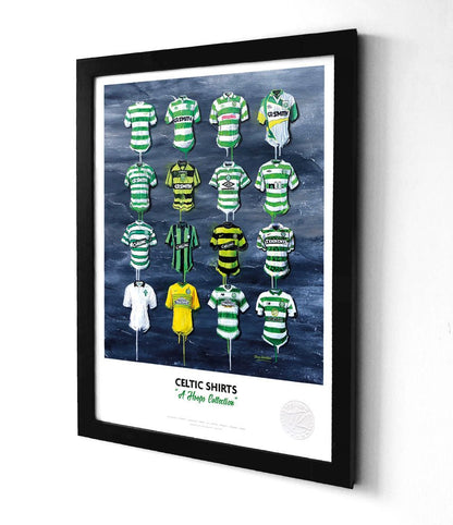 Limited edition Celtic FC framed print featuring iconic hoops shirt wall art by Terry Kneeshaw Art, showcasing vibrant team colors.