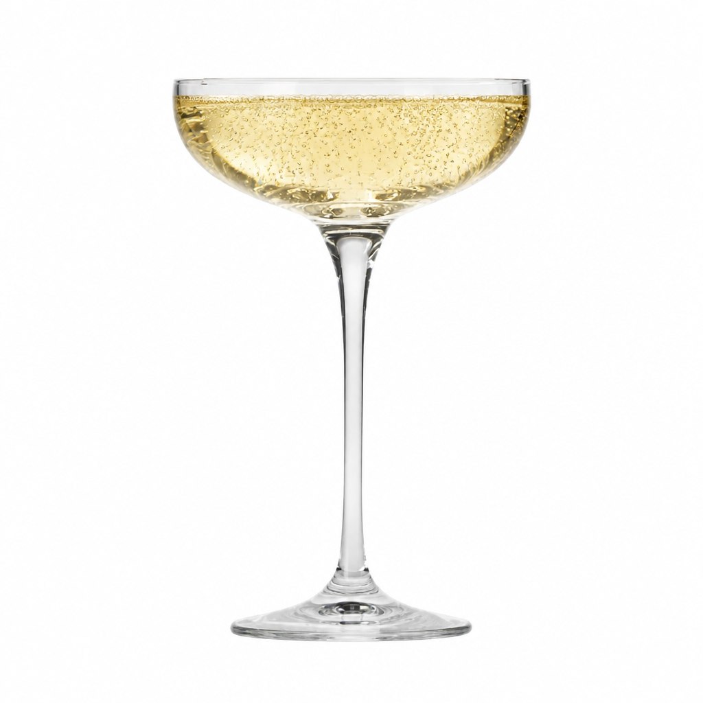 Set of six Krosno champagne flutes with 240ml capacity, filled with bubbly, showcasing elegant glassware for special occasions.