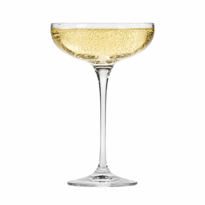 Set of six Krosno champagne flutes with 240ml capacity, filled with bubbly, showcasing elegant glassware for special occasions.