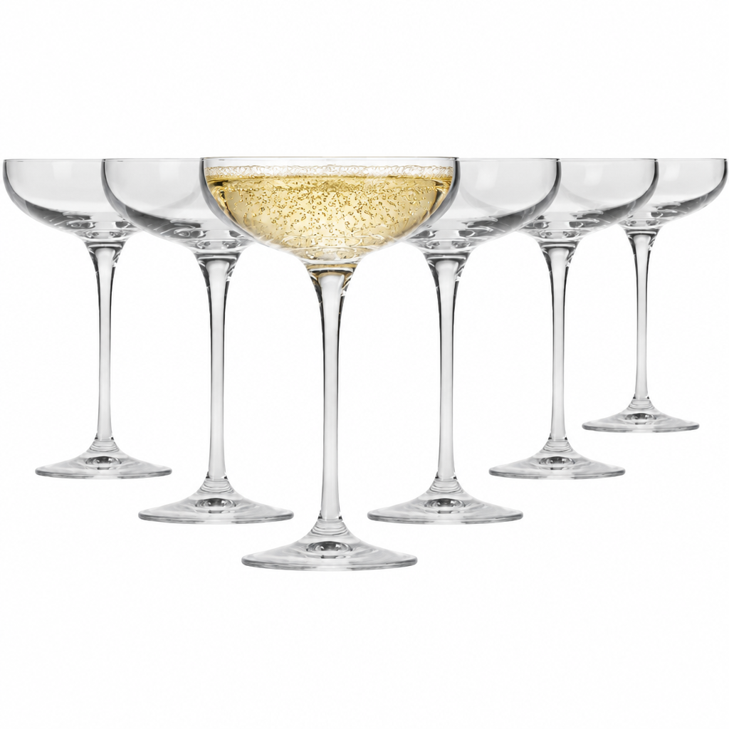 Set of six Krosno champagne saucers with 240ml capacity, clear glass flutes filled with champagne, ideal for celebrations.
