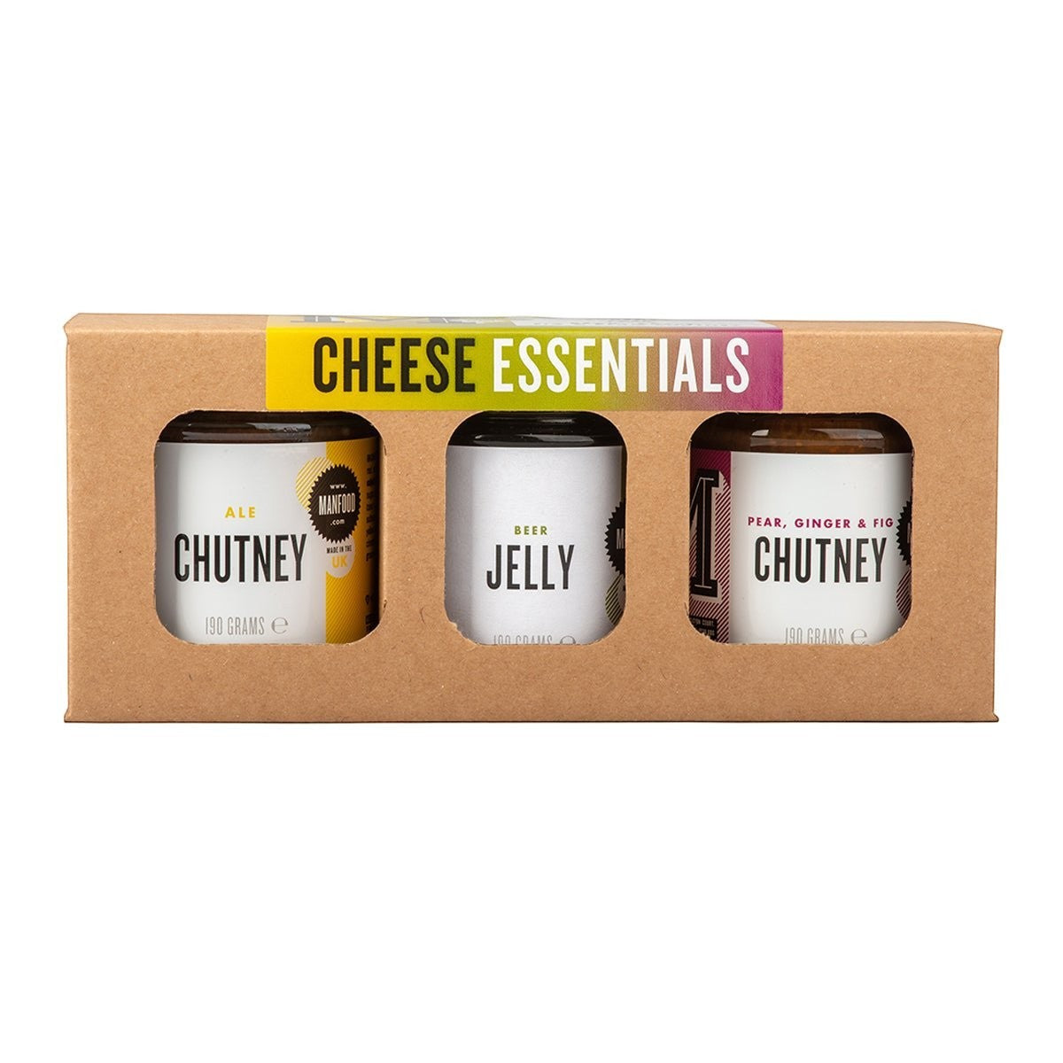 Manfood Cheese Essentials gift box with assorted chutneys and jellies, featuring small jars and cheese accompaniments arranged in a gift set.