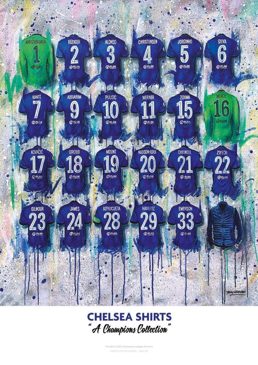 Limited edition A2 signed Chelsea Champions Shirts print by Terry Kneeshaw Art, featuring detailed artwork of Chelsea shirts.