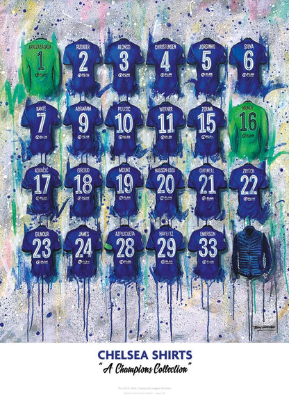Limited edition A2 signed Chelsea Champions Shirts print by Terry Kneeshaw Art, featuring detailed artwork of Chelsea shirts.