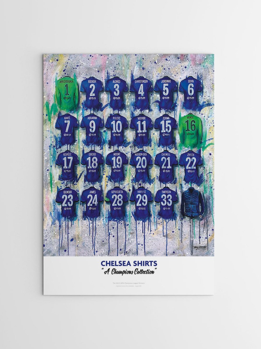 Limited edition A2 Chelsea Champions shirts signed print by Terry Kneeshaw Art, featuring detailed artwork of Chelsea football shirts.
