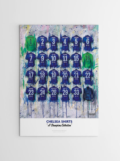 Limited edition A2 Chelsea Champions shirts signed print by Terry Kneeshaw Art, featuring detailed artwork of Chelsea football shirts.