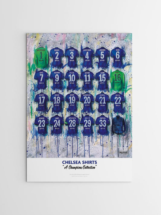 Limited edition A2 Chelsea Champions shirts signed print by Terry Kneeshaw Art, featuring detailed artwork of Chelsea football shirts.