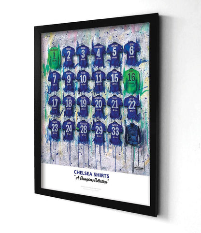 Limited edition A2 print of Chelsea Champions Shirts signed by Terry Kneeshaw Art, featuring vibrant football memorabilia artwork.