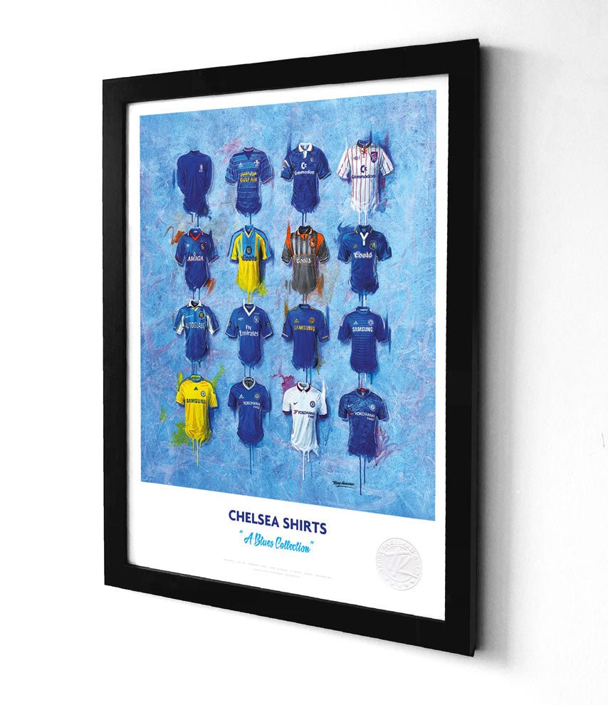 Limited edition Chelsea A3 framed print by Terry Kneeshaw Art featuring iconic blue shirts, perfect as wall art for football fans.