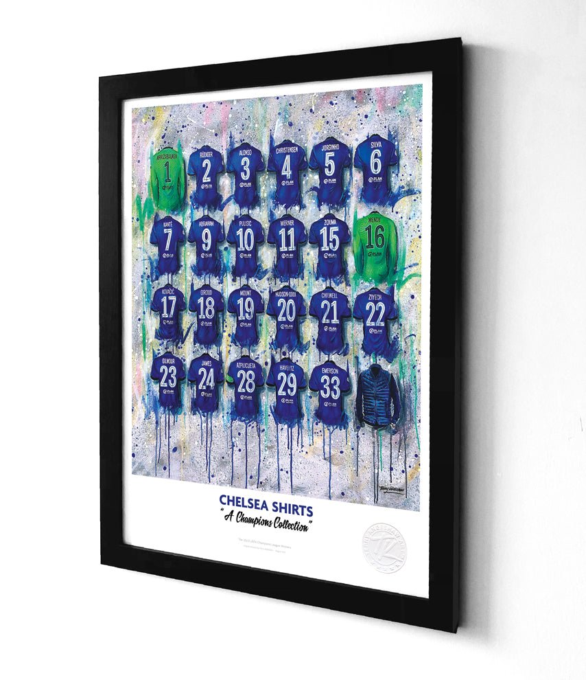 Limited edition Chelsea Champions football shirt A3 framed print by Terry Kneeshaw Art, featuring a detailed illustration of the iconic shirt.