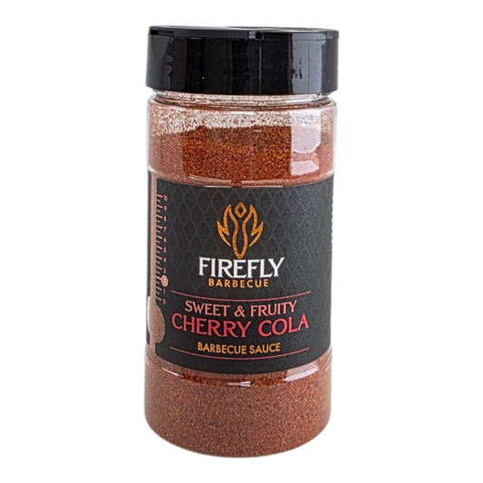 FireFly Barbecue Cherry Cola BBQ Rub jar with label, showcasing the flavorful seasoning for grilling and smoking meats.