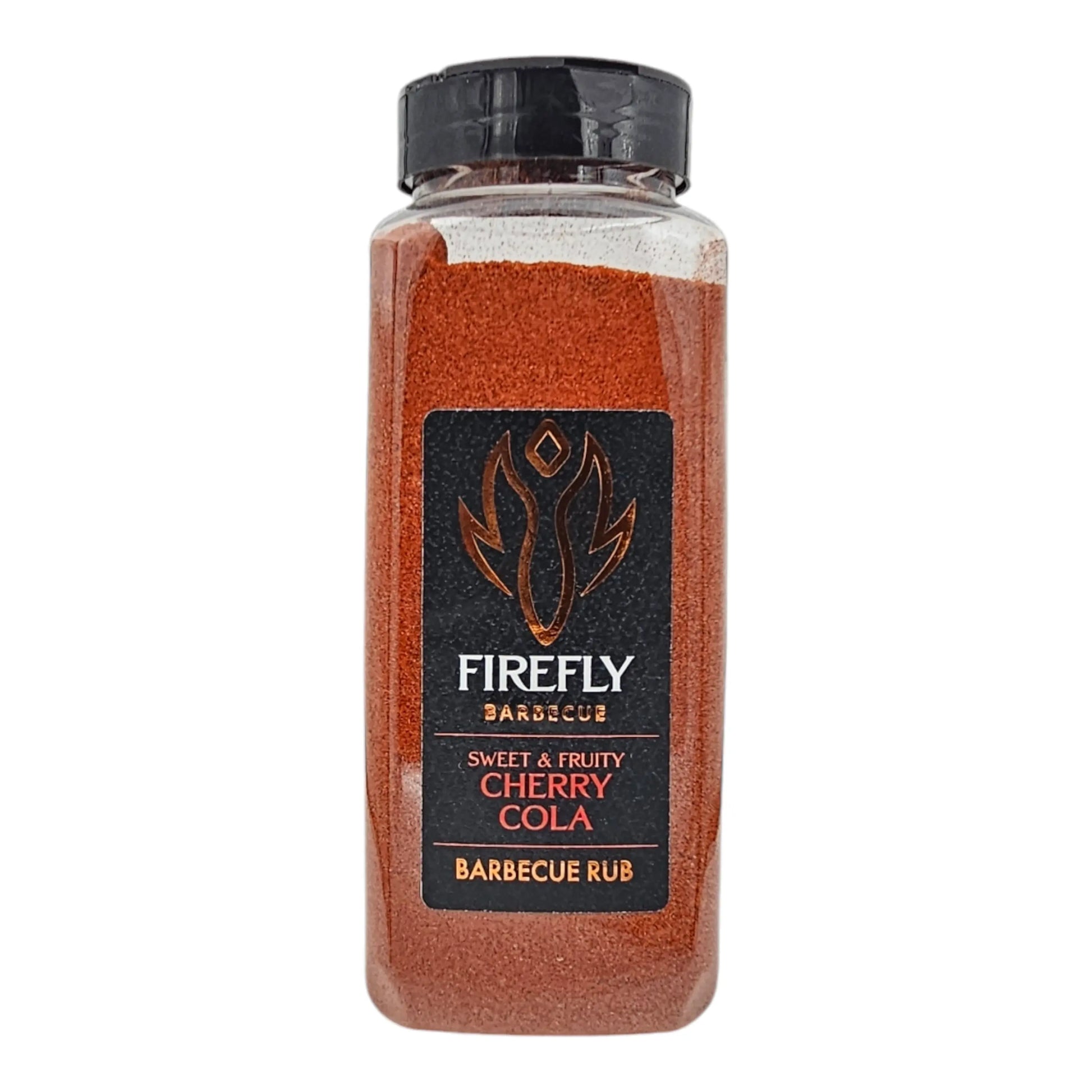 FireFly Barbecue Cherry Cola BBQ Rub jar showing its label and product packaging on a plain background.
