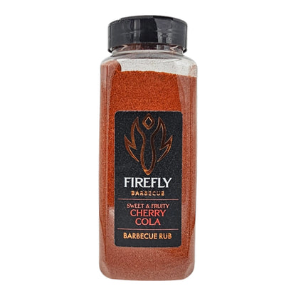 FireFly Barbecue Cherry Cola BBQ Rub jar showing its label and product packaging on a plain background.