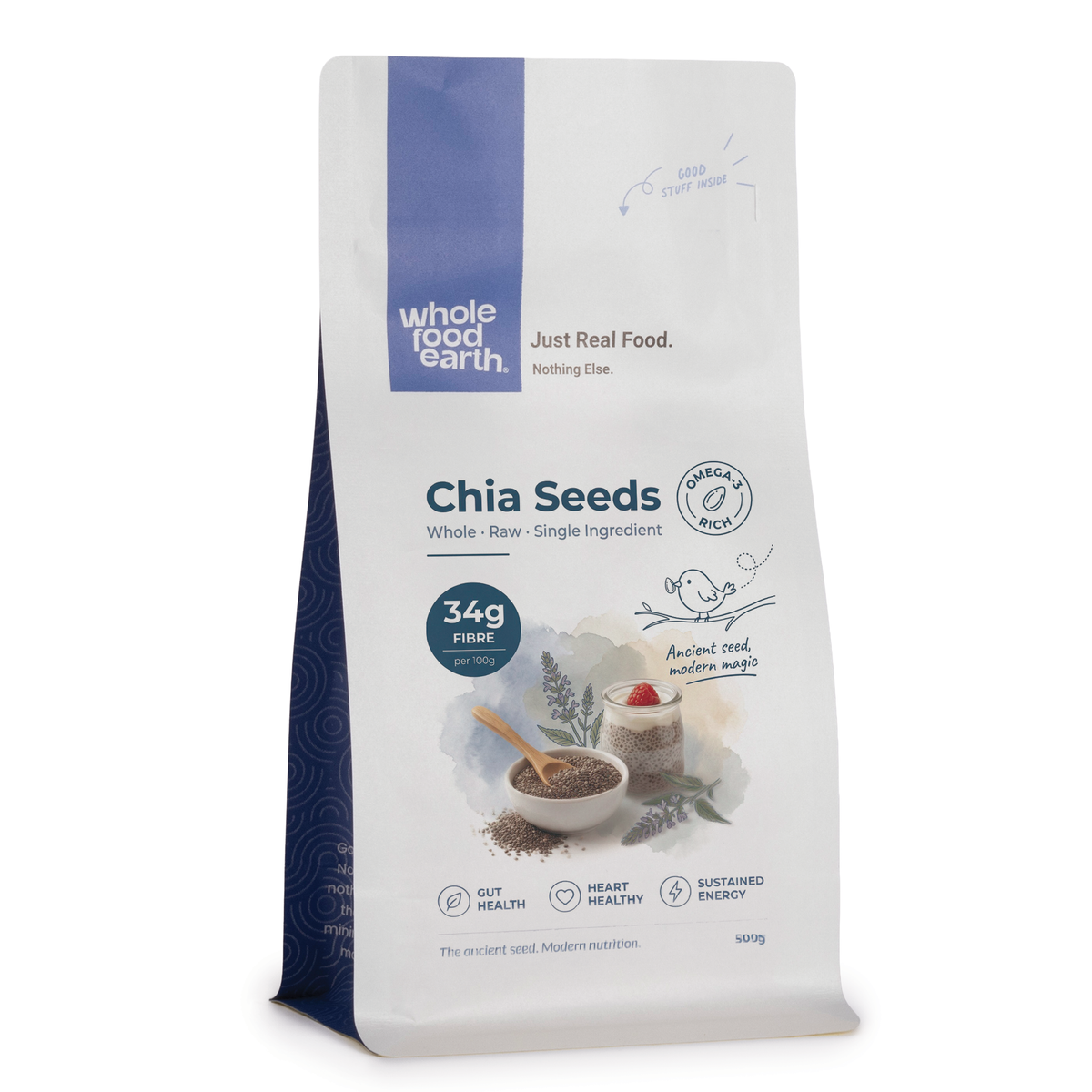 Whole Food Earth chia seeds in a clear container, showing tiny, oval-shaped seeds common in nuts and seeds products.