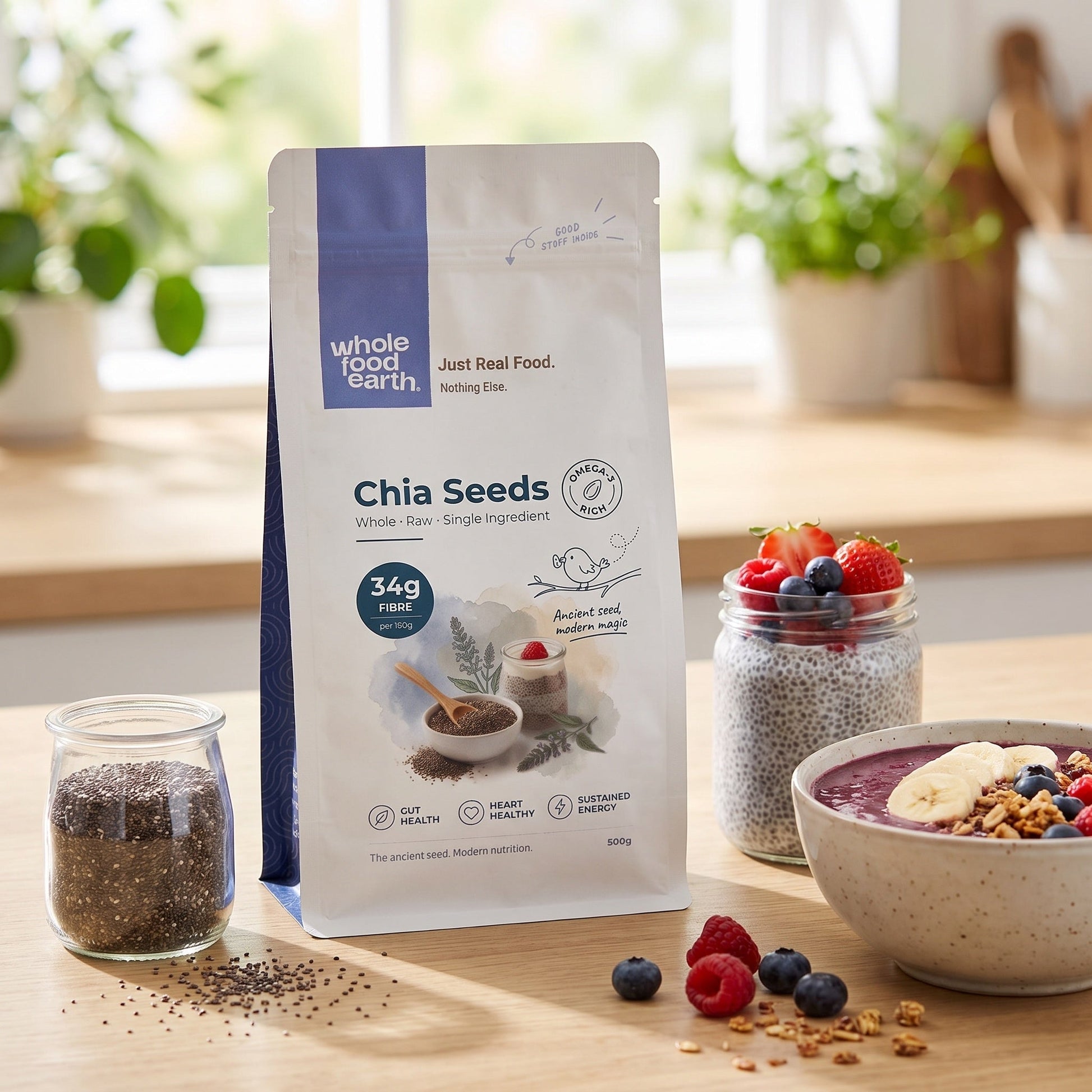 Whole Food Earth chia seeds in a jar, close-up of small, oval-shaped seeds with a textured surface on a neutral background.