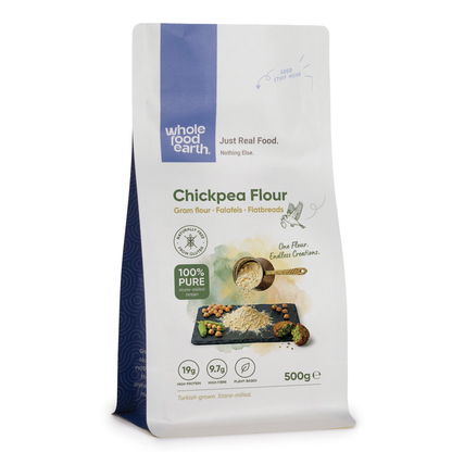 Organic chickpea flour from Whole Food Earth, showing a bag of chickpea gram flour for gluten-free cooking and baking.