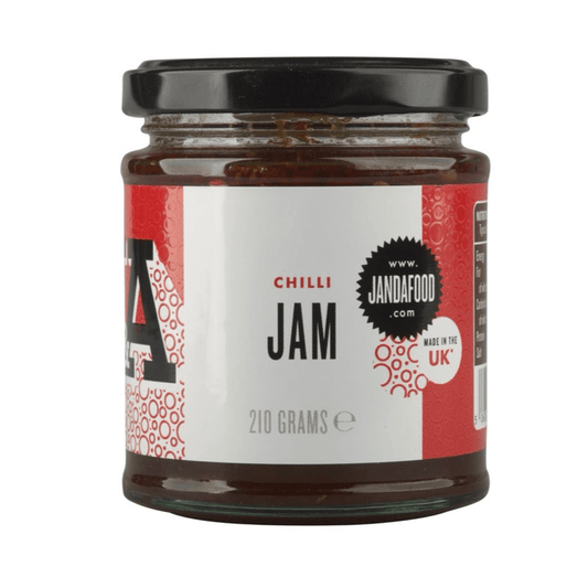 Janda Chilli Jam jar with vibrant red chili peppers and label, showcasing the spicy, sweet condiment in a glass jar.