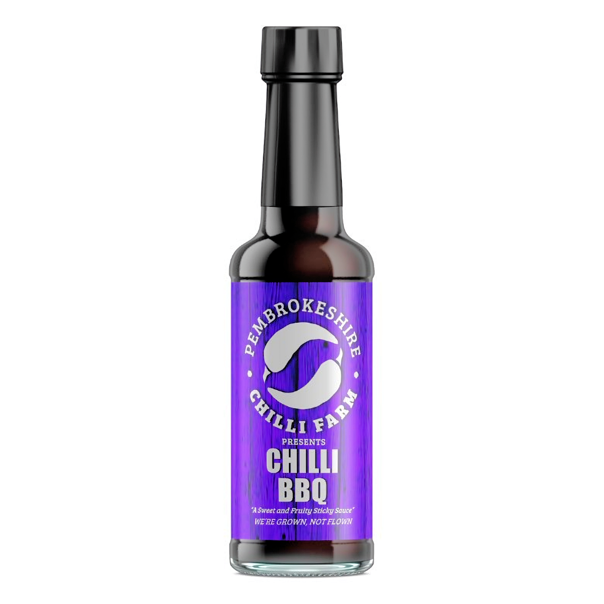 Pembrokeshire Chilli Farm Chilli BBQ Sauce 195g bottle with red chili peppers and smoky barbecue flavor.