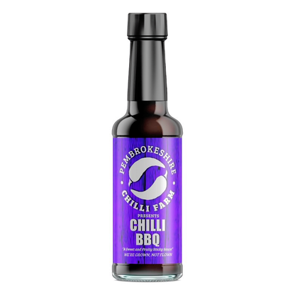 Pembrokeshire Chilli Farm Chilli BBQ Sauce 195g bottle with red chili peppers and smoky barbecue flavor.