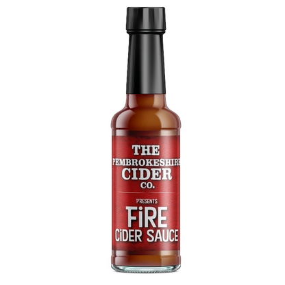Pembrokeshire Chilli Farm Fire Cider Chilli Sauce 165g bottle with vibrant red chili peppers and fiery sauce inside.