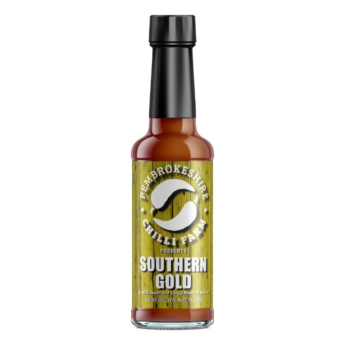Southern Gold Chilli Sauce by Pembrokeshire Chilli Farm, vibrant orange chili sauce in a glass bottle with label.