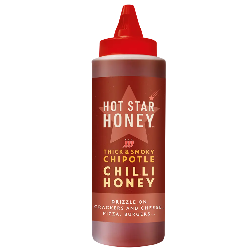 Bottle of Hot Star Honey Chipotle Chilli Honey with a dark label and orange-tinted honey inside