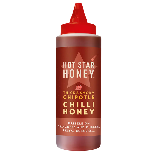 Bottle of Hot Star Honey Chipotle Chilli Honey with a dark label and orange-tinted honey inside
