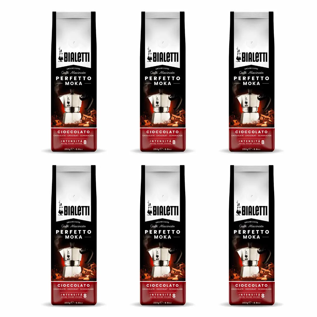 Ground Italian chocolate coffee for Moka brewed in Bialetti Perfetto Moka stovetop coffee maker, shown in a dark brown coffee ground form.