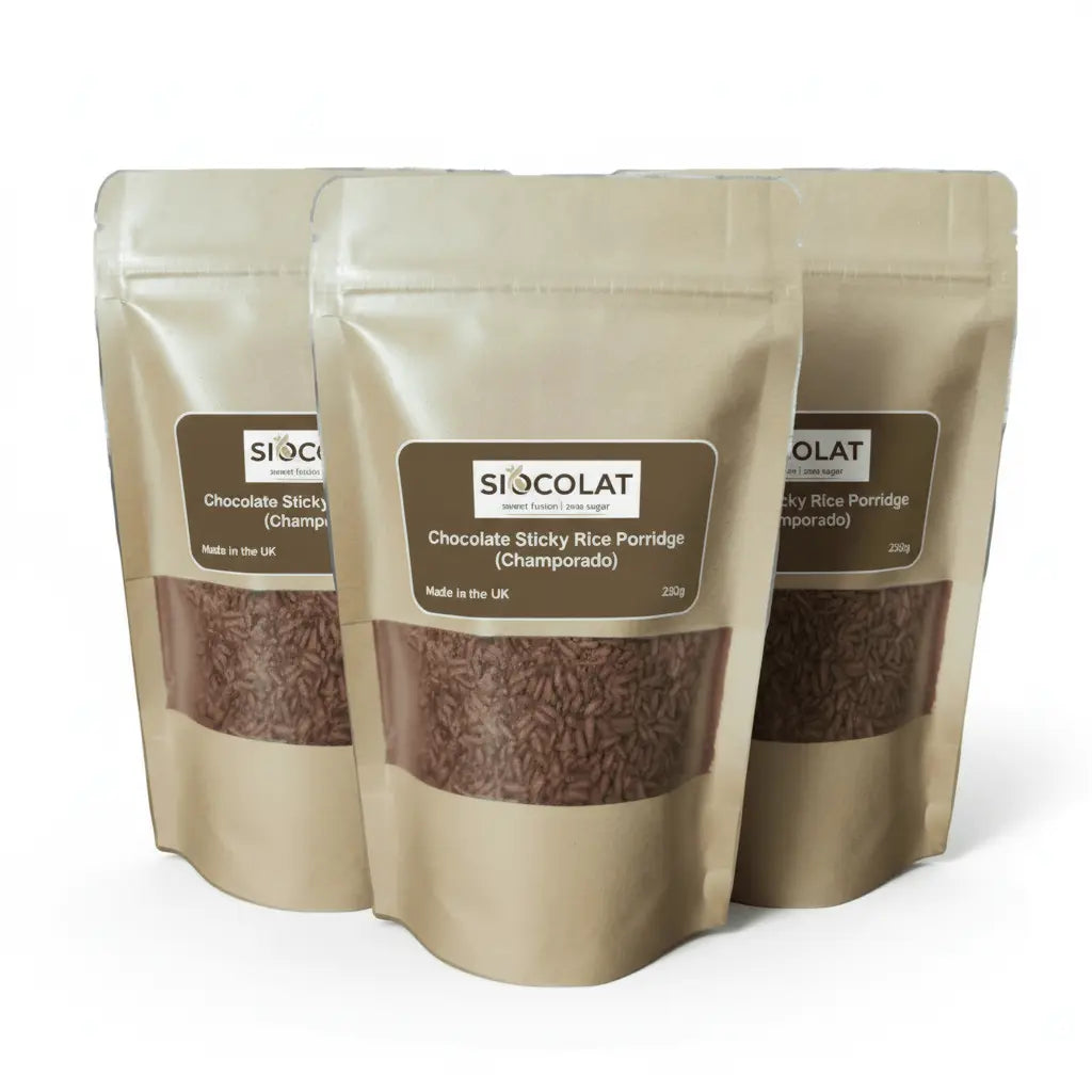 Pack of three vegan chocolate rice porridge cups from Siocolat, featuring no added sugar and guilt-free champorado flavor.