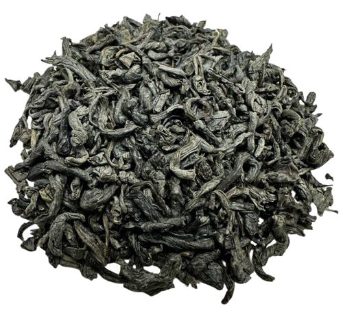 Transparent image of Porter Hill Tea Company's Chunmee green tea leaves in a clear container.