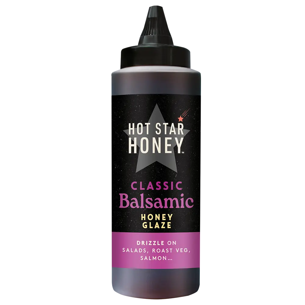 Hot Star Honey Classic Balsamic Honey Glaze in a glass bottle, showcasing the rich, dark balsamic glaze with a glossy finish.