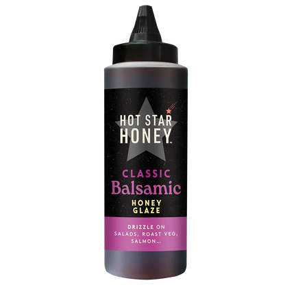 Hot Star Honey Classic Balsamic Honey Glaze in a glass bottle, showcasing the rich, dark balsamic glaze with a glossy finish.