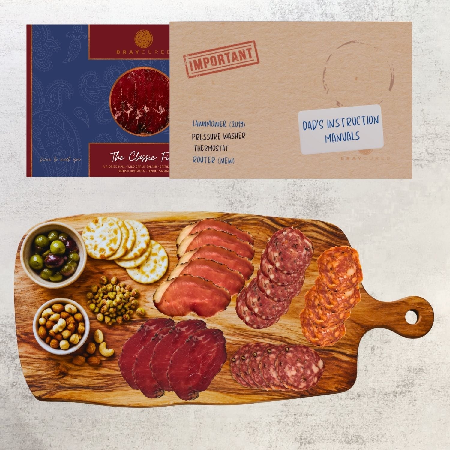 Bray Cured Classic Feasting Five charcuterie selection on a wooden board with meats, cheeses, and accompaniments.