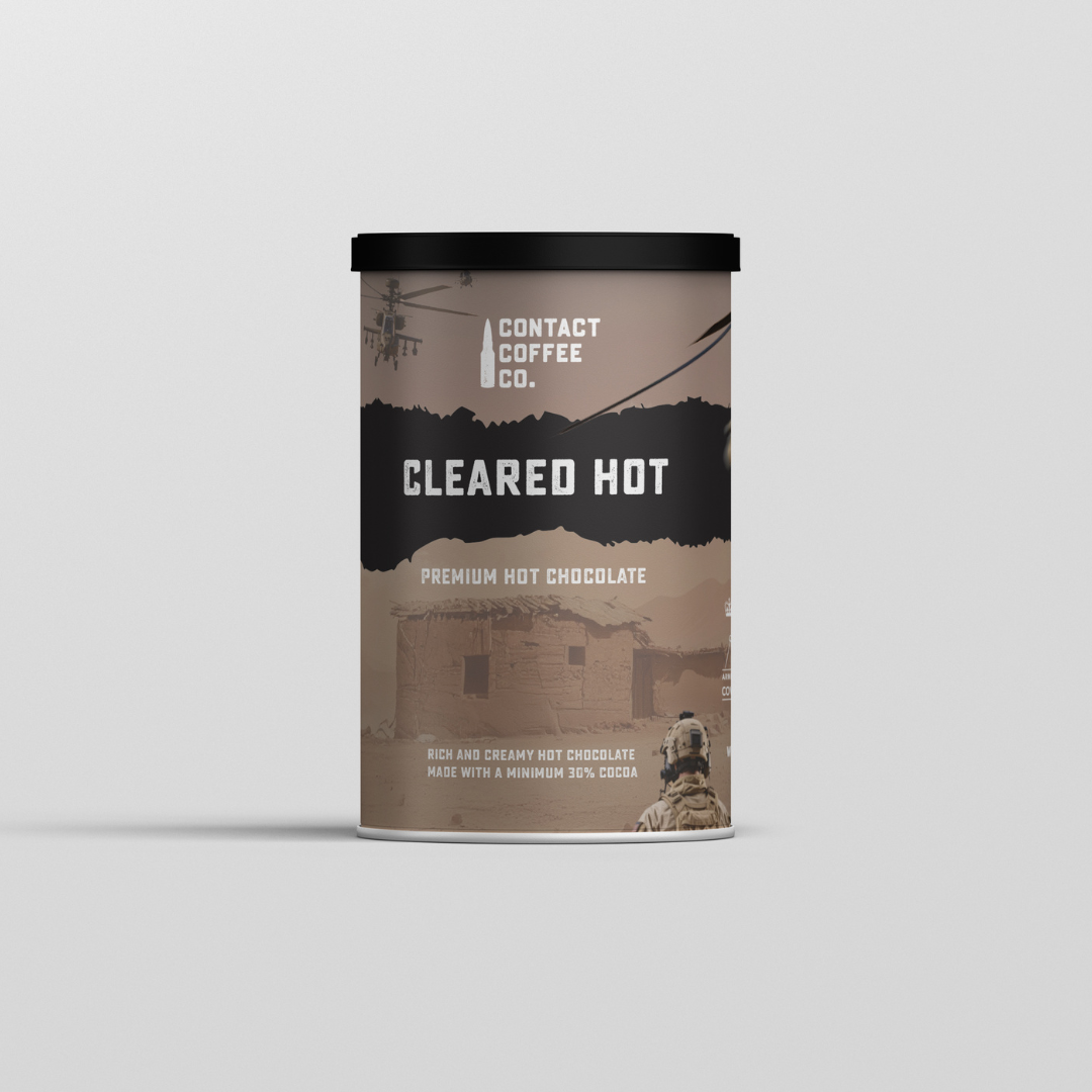 Front view of Cleared Hot premium hot chocolate coffee cup from Contact Coffee Company Ltd., showcasing the product branding and packaging.