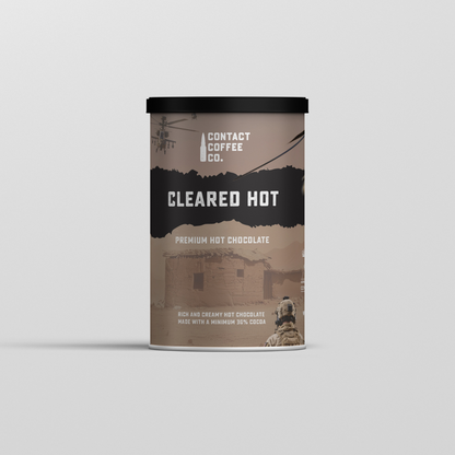 Front view of Cleared Hot premium hot chocolate coffee cup from Contact Coffee Company Ltd., showcasing the product branding and packaging.