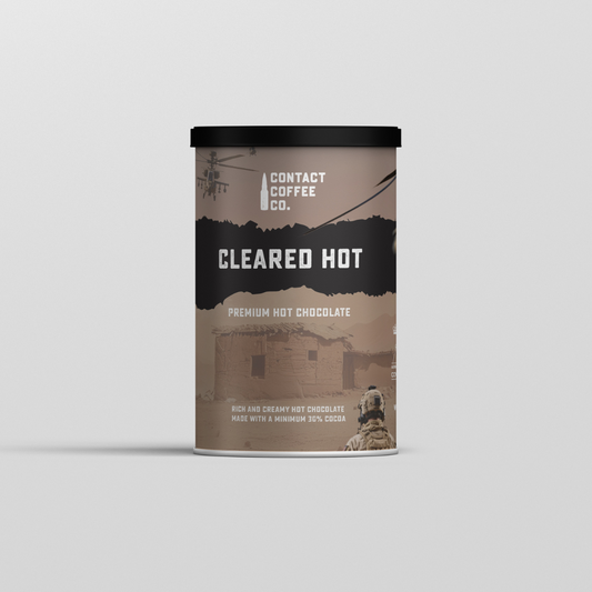 Front view of Cleared Hot premium hot chocolate coffee cup from Contact Coffee Company Ltd., showcasing the product branding and packaging.