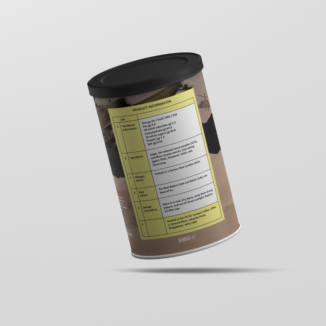 Rear view of Contact Coffee Company Ltd.'s Cleared Hot premium hot chocolate coffee cup with whipped topping and chocolate drizzle.
