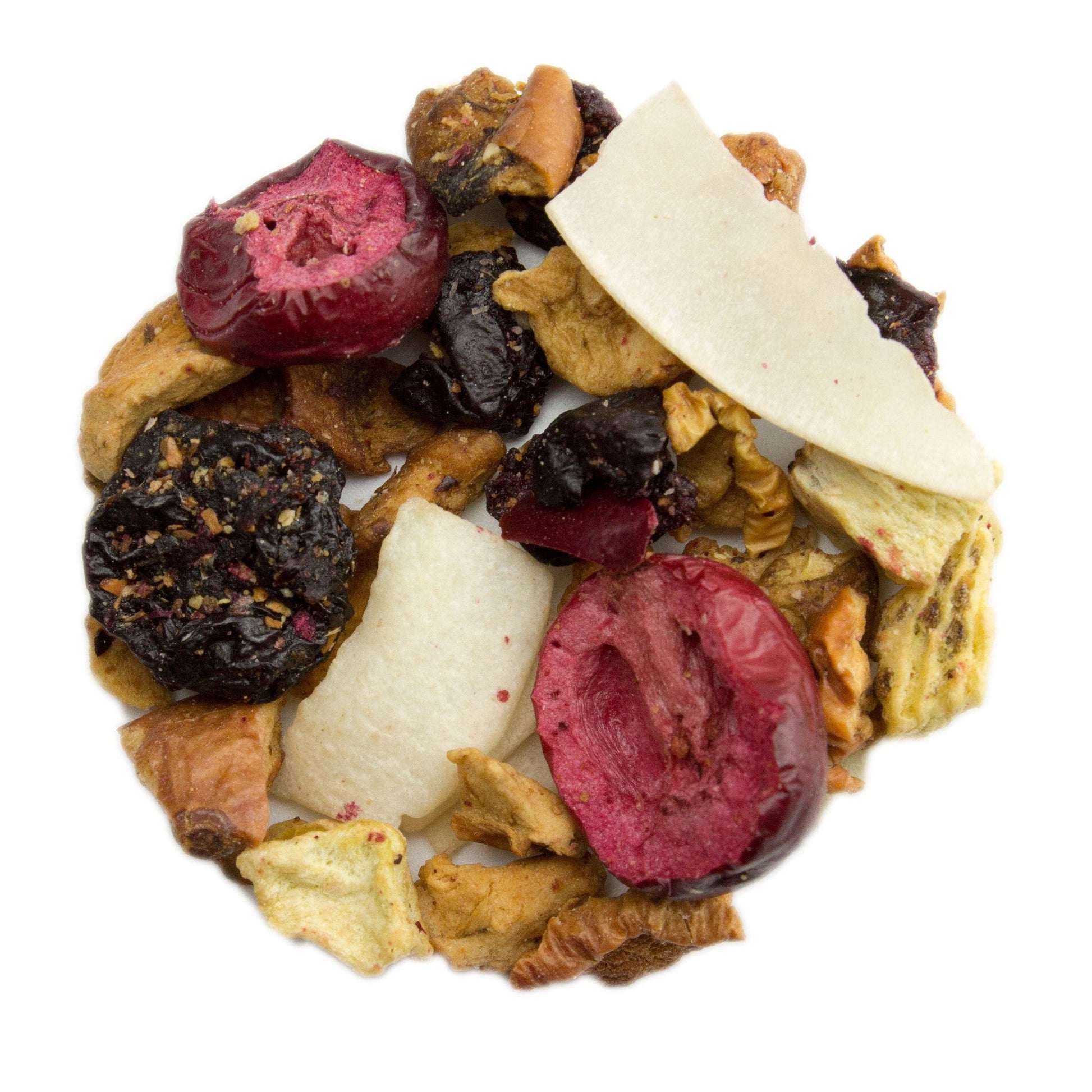 PekoeTea Edinburgh Cloud Catcher Fruit Infusion tea in a clear glass teapot with colorful fruit pieces and tea leaves.