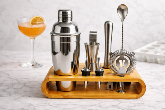 JoJo’s Kitchen cocktail making set with shaker, strainer, jigger, and utensils for home bartending and mixology.
