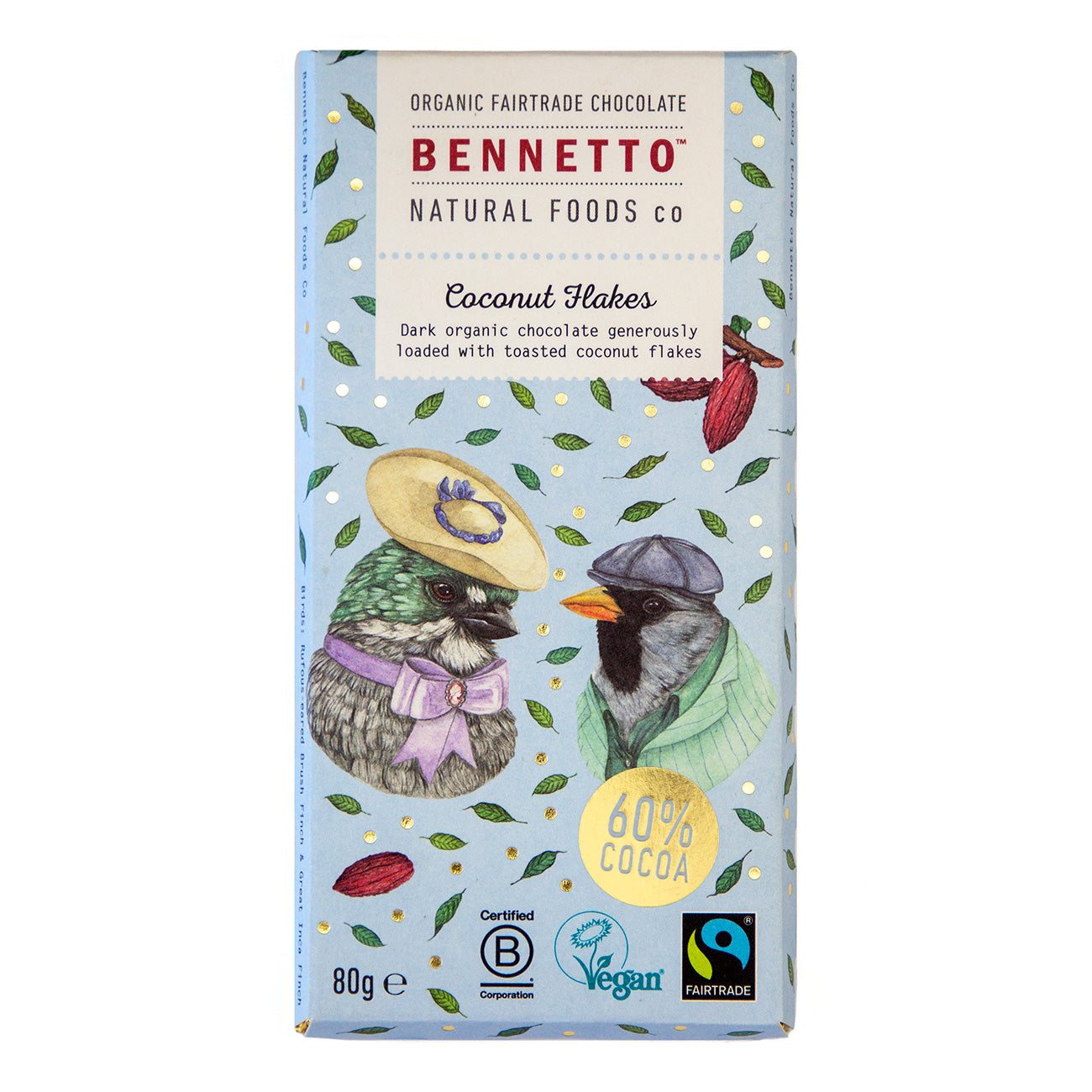 Chocolate coconut flakes from Bennetto Natural Foods UK, close-up of toasted coconut flakes on a neutral background.