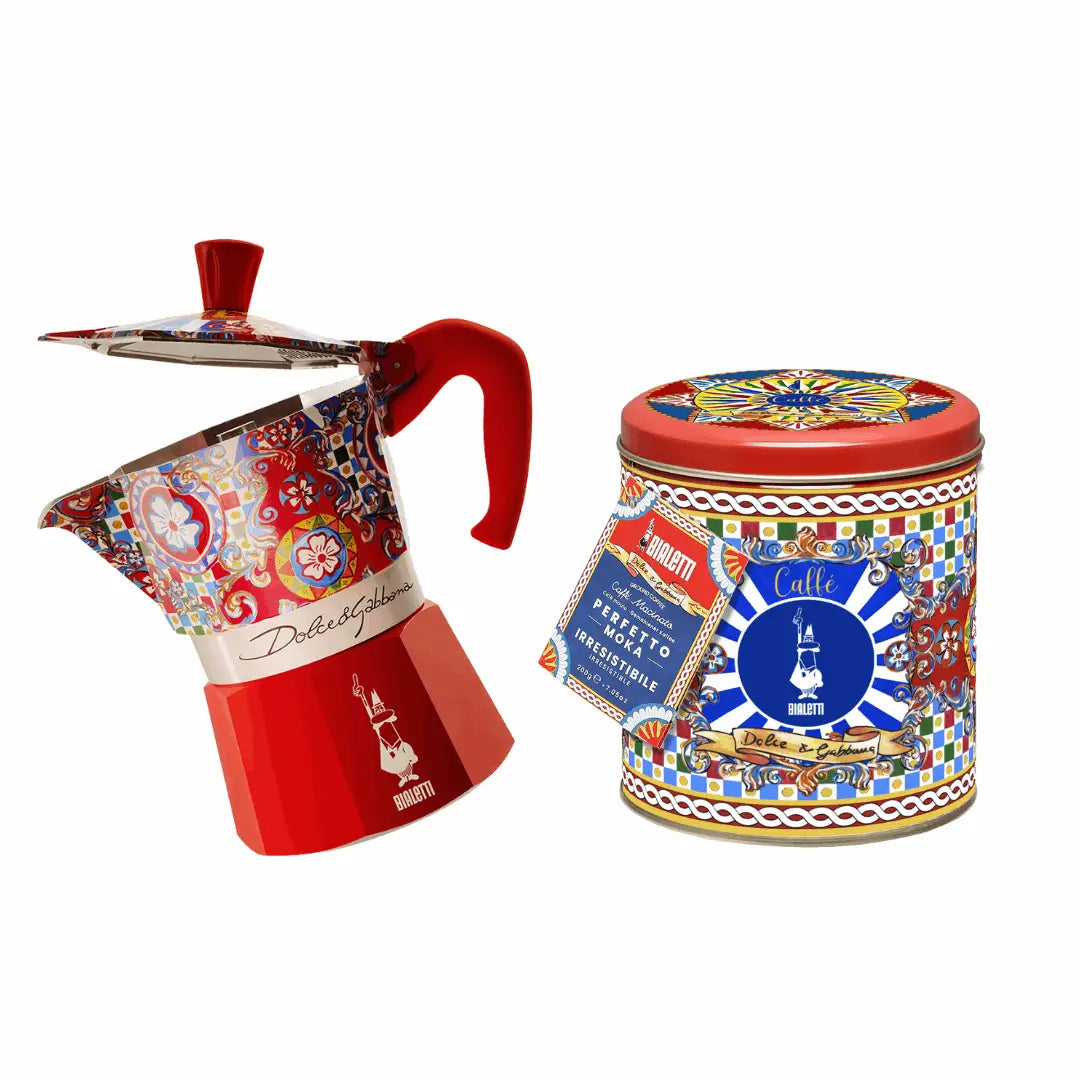 Bialetti X Dolce&Gabbana Sicilian Cart coffee gift set with 3-cup moka pot and coffee, featuring festive holiday packaging.