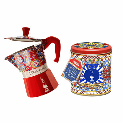 Bialetti X Dolce&Gabbana Sicilian Cart coffee gift set with 3-cup moka pot and coffee, featuring festive holiday packaging.