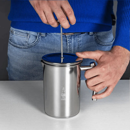 Brew Italia Bialetti manual milk frother for stovetop, stainless steel handle and frothing chamber for creamy milk.