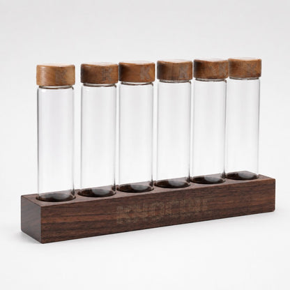 Set of KNOCDIC® walnut coffee bean display tubes with exhaust valve lids, showcasing coffee beans in clear glass containers.