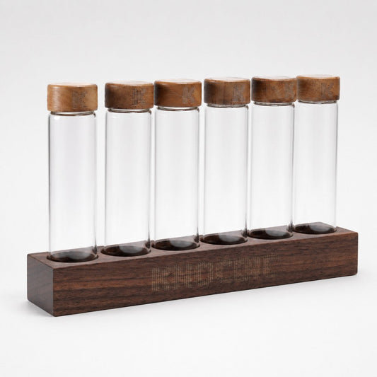 Set of KNOCDIC® walnut coffee bean display tubes with exhaust valve lids, showcasing coffee beans in clear glass containers.